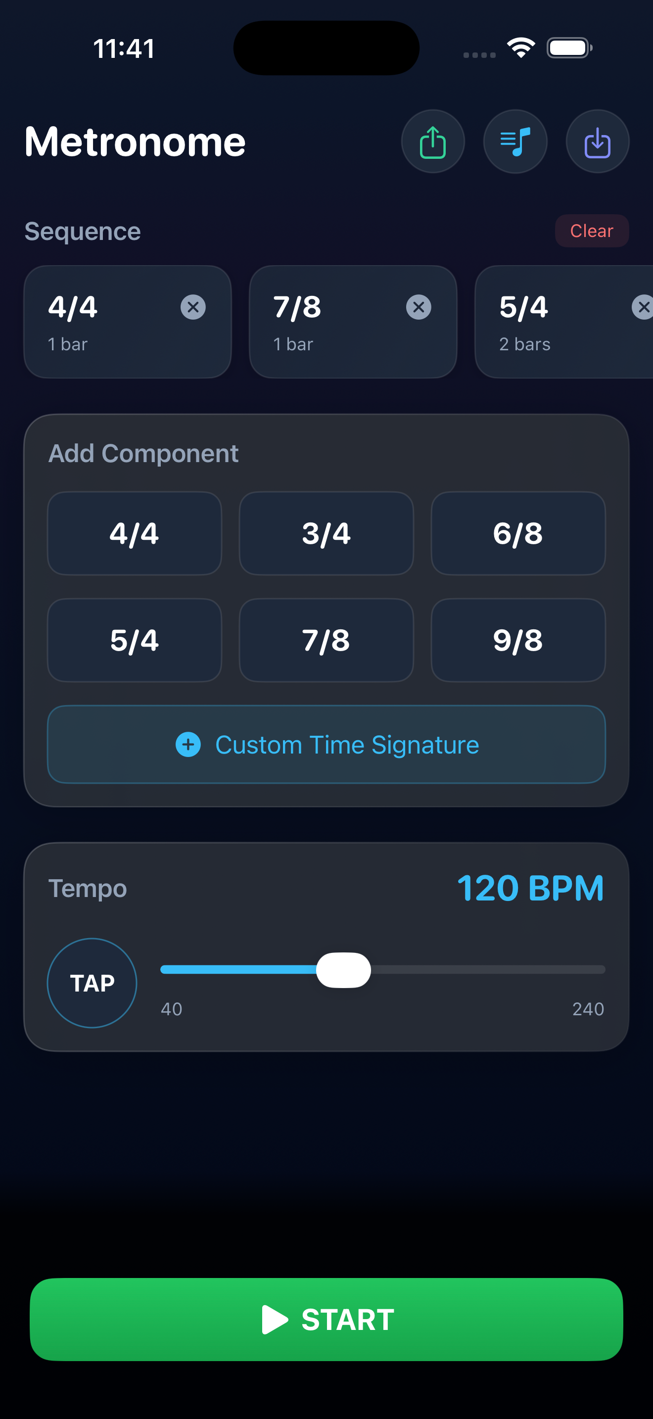 Polymeter app screenshot showing time signature sequence
